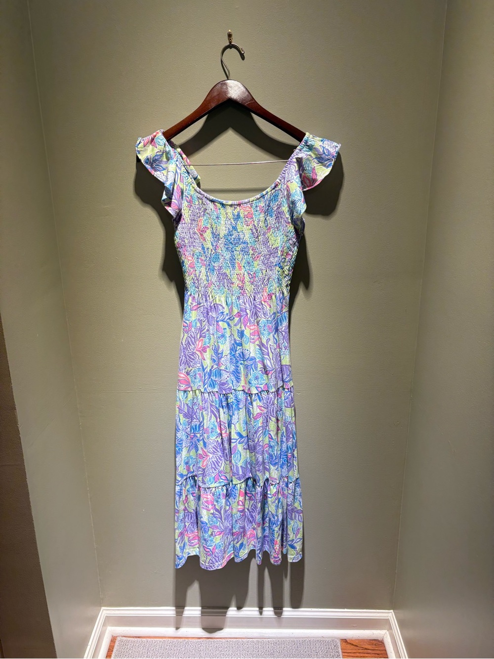 Lilly Pulitzer Pastel Floral Smocked Midi Dress in Pink, Blue & Purple